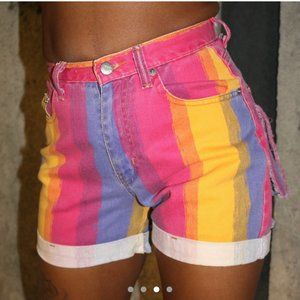 High Waist Vintage Rainbow Striped Shorts